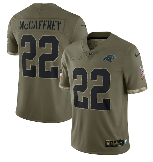 Men's Carolina Panthers #22 Christian McCaffrey Olive 2022 Salute To Service Limited Stitched Jersey